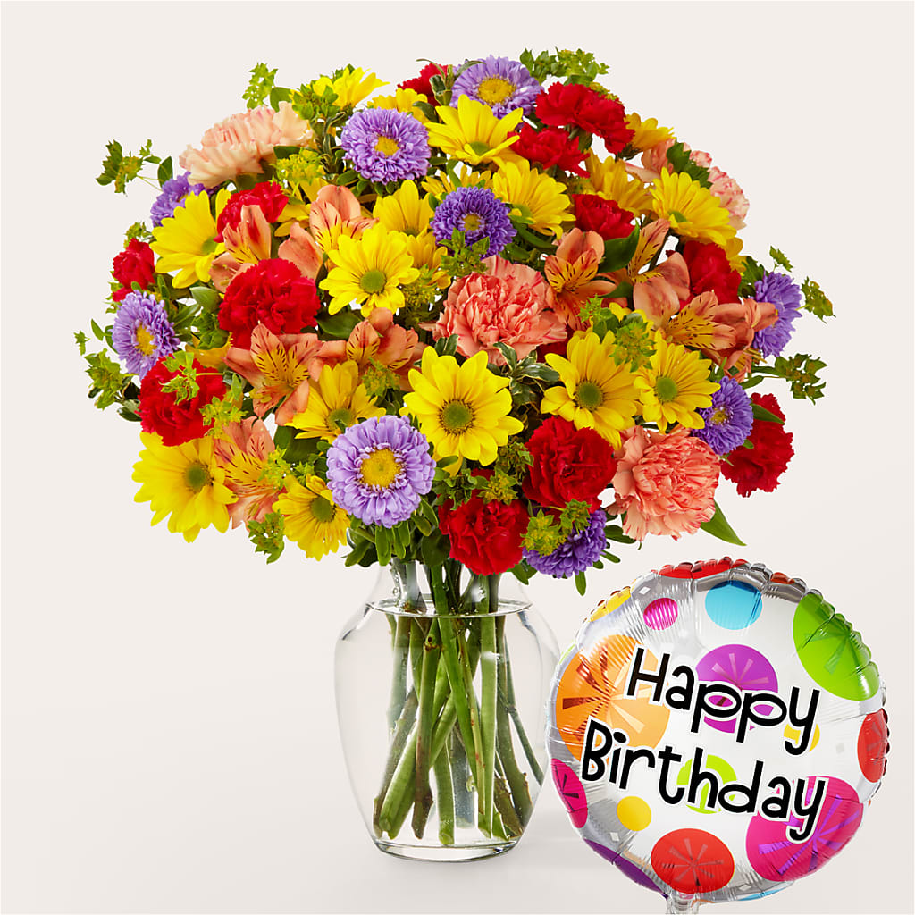 Kaleidoscope Bouquet with Birthday Balloon – MC MAHON'S HOUSE OF FLOWERS INC, Kingston ON