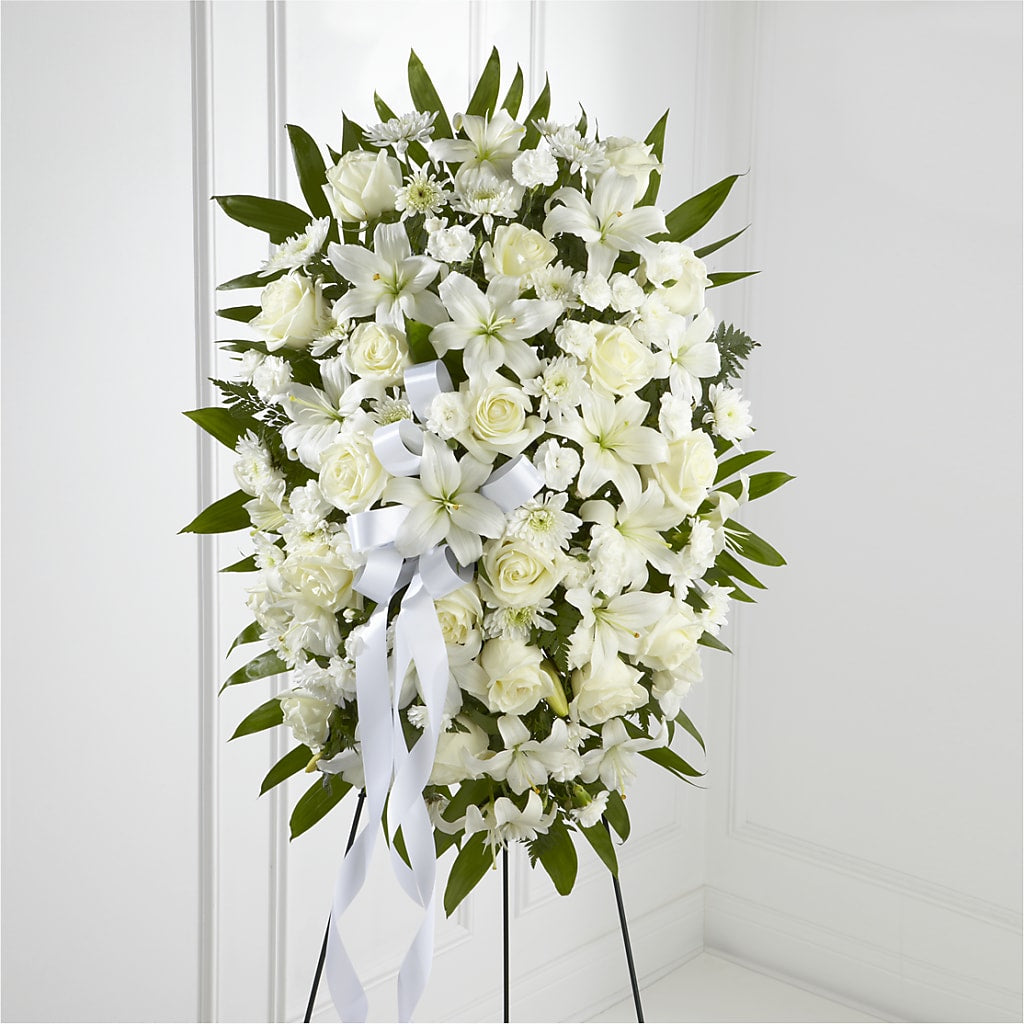 Exquisite Tribute Standing Spray-White Ribbon – MC MAHON'S HOUSE OF FLOWERS INC, Kingston ON