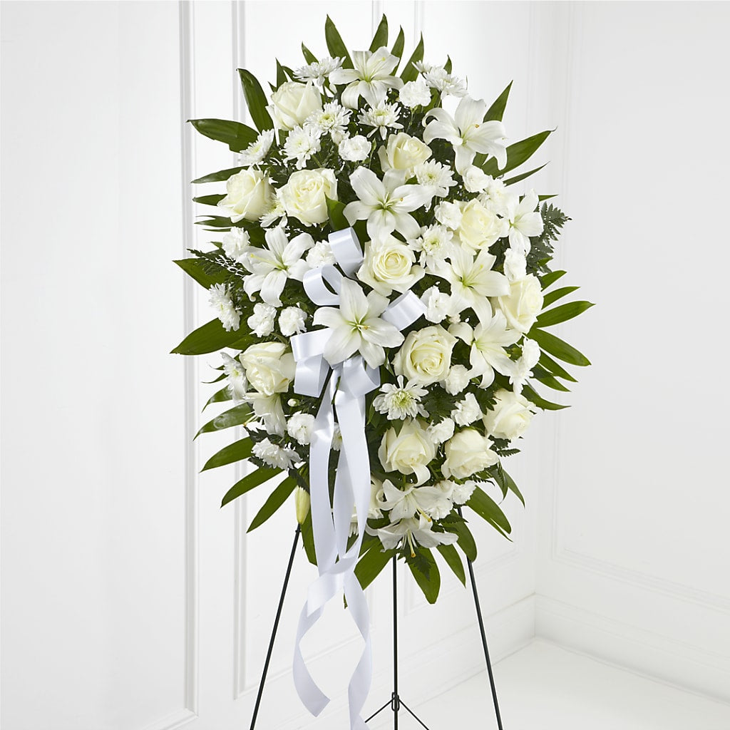 Exquisite Tribute Standing Spray-White Ribbon – MC MAHON'S HOUSE OF FLOWERS INC, Kingston ON